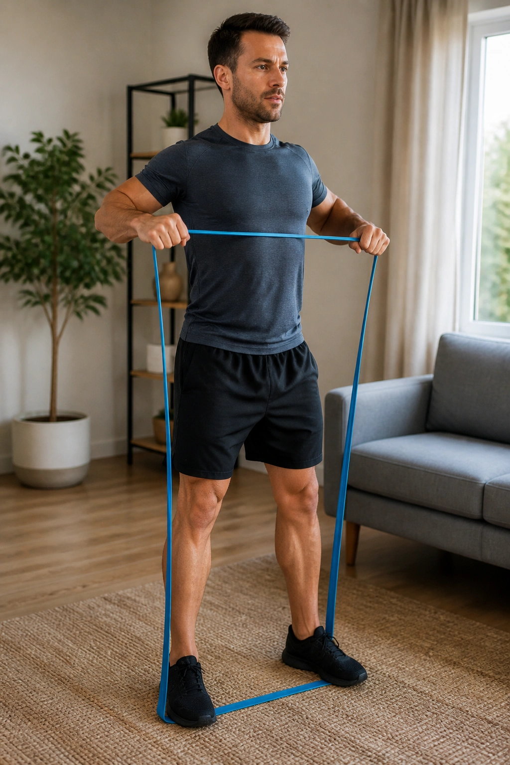 Person performing a resistance band row in a home setting