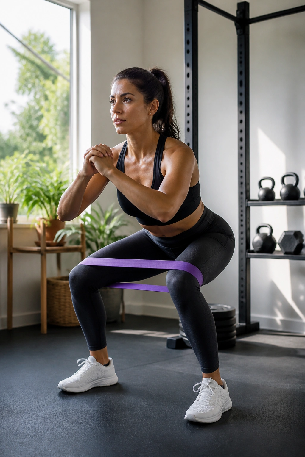 Real person performing a resistance band squat with loop band around thighs.