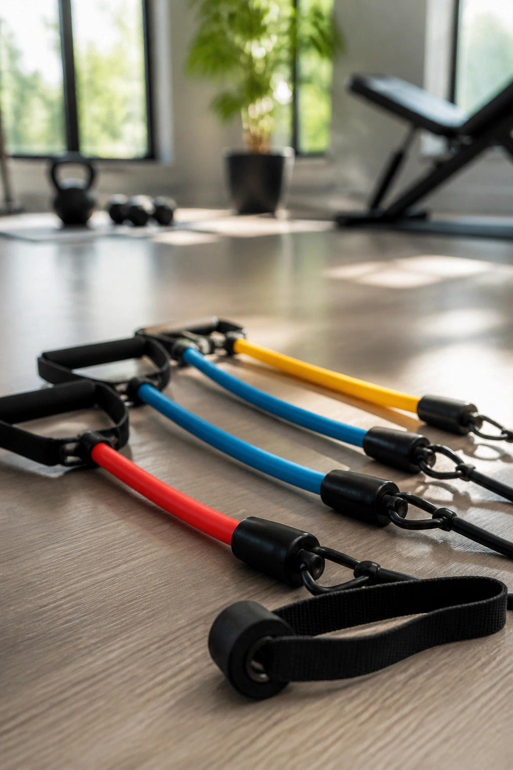 Three color-coded resistance bands with handles on floor