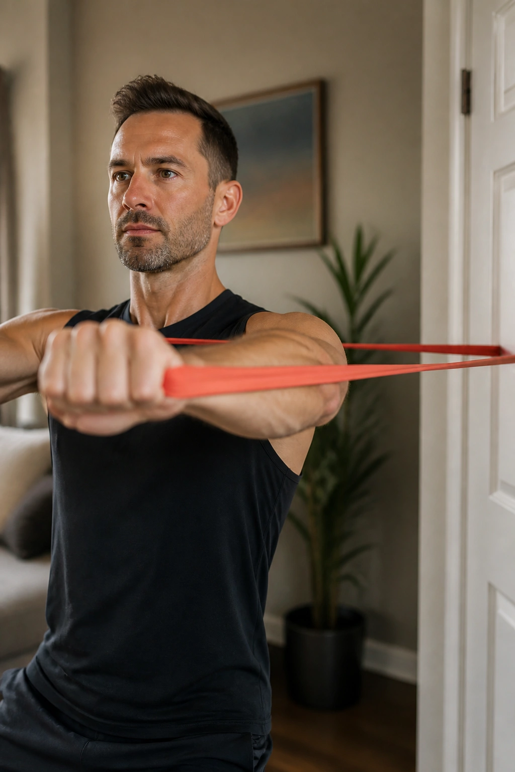 Real person performing resistance band chest press in a home setting.
