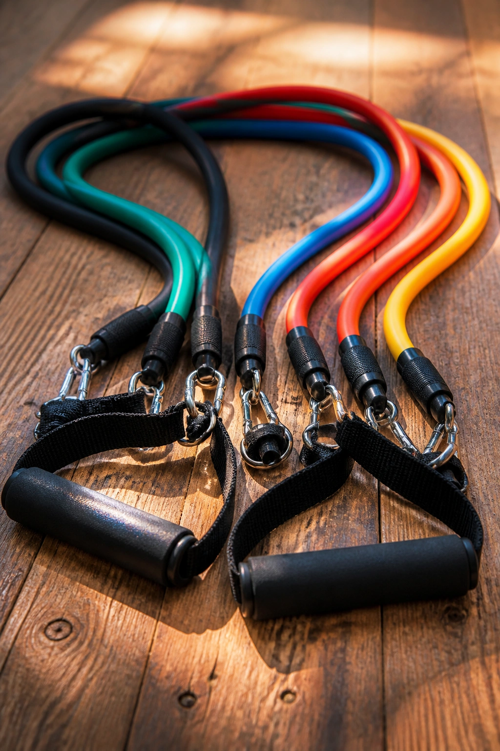 Close-up of color-coded resistance bands with handles on a wooden floor