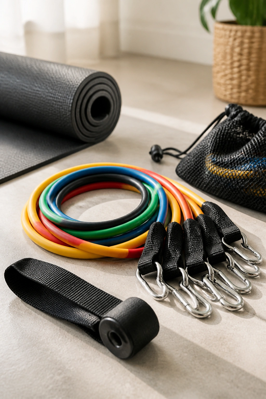 Close-up of color-coded resistance bands on a clean surface