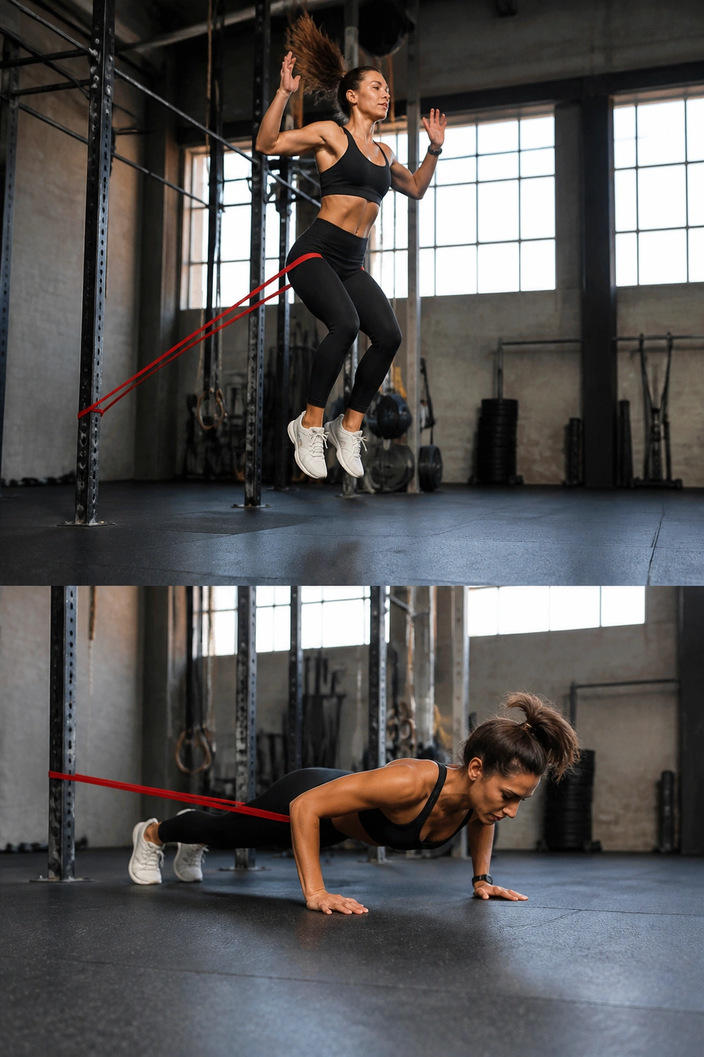 Person performing resisted burpee with band in gym