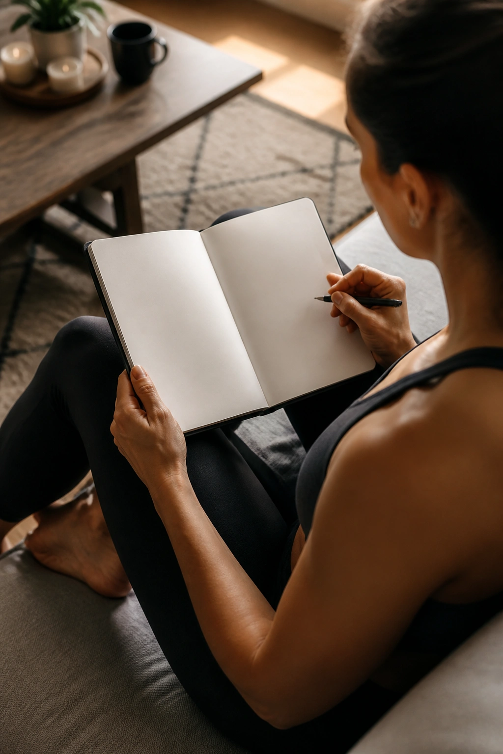 Person on a couch with open notebook showing a blank page on a rest day.