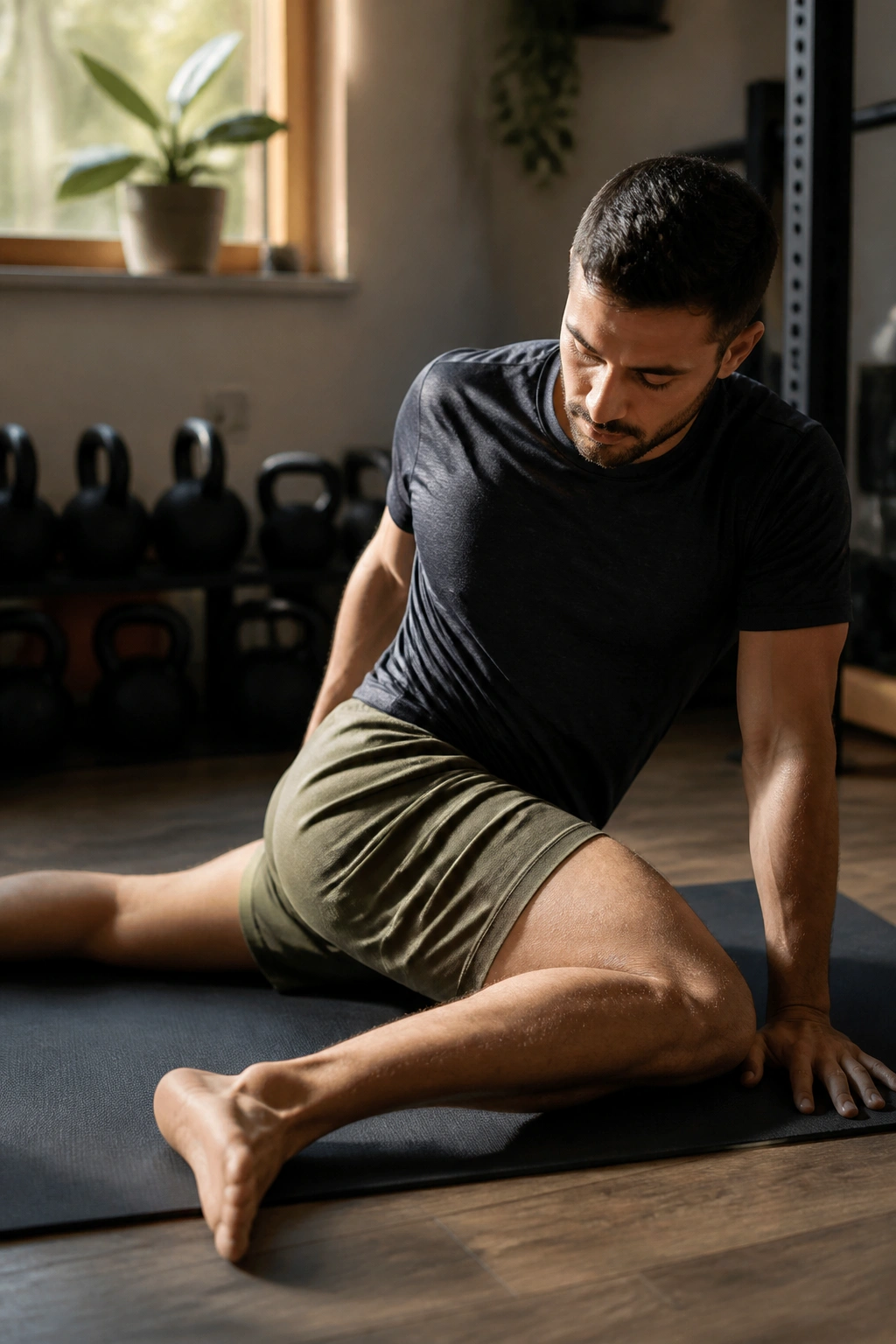 Real person performing hip mobility on mat in warm light
