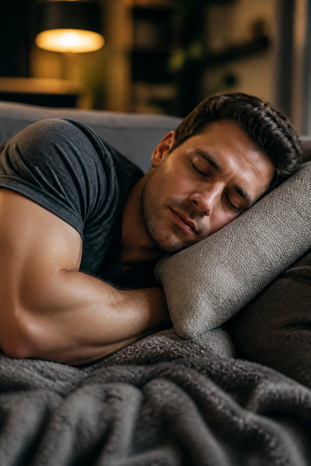 Close-up of a person resting in a cozy living room to symbolize muscle repair during rest days.