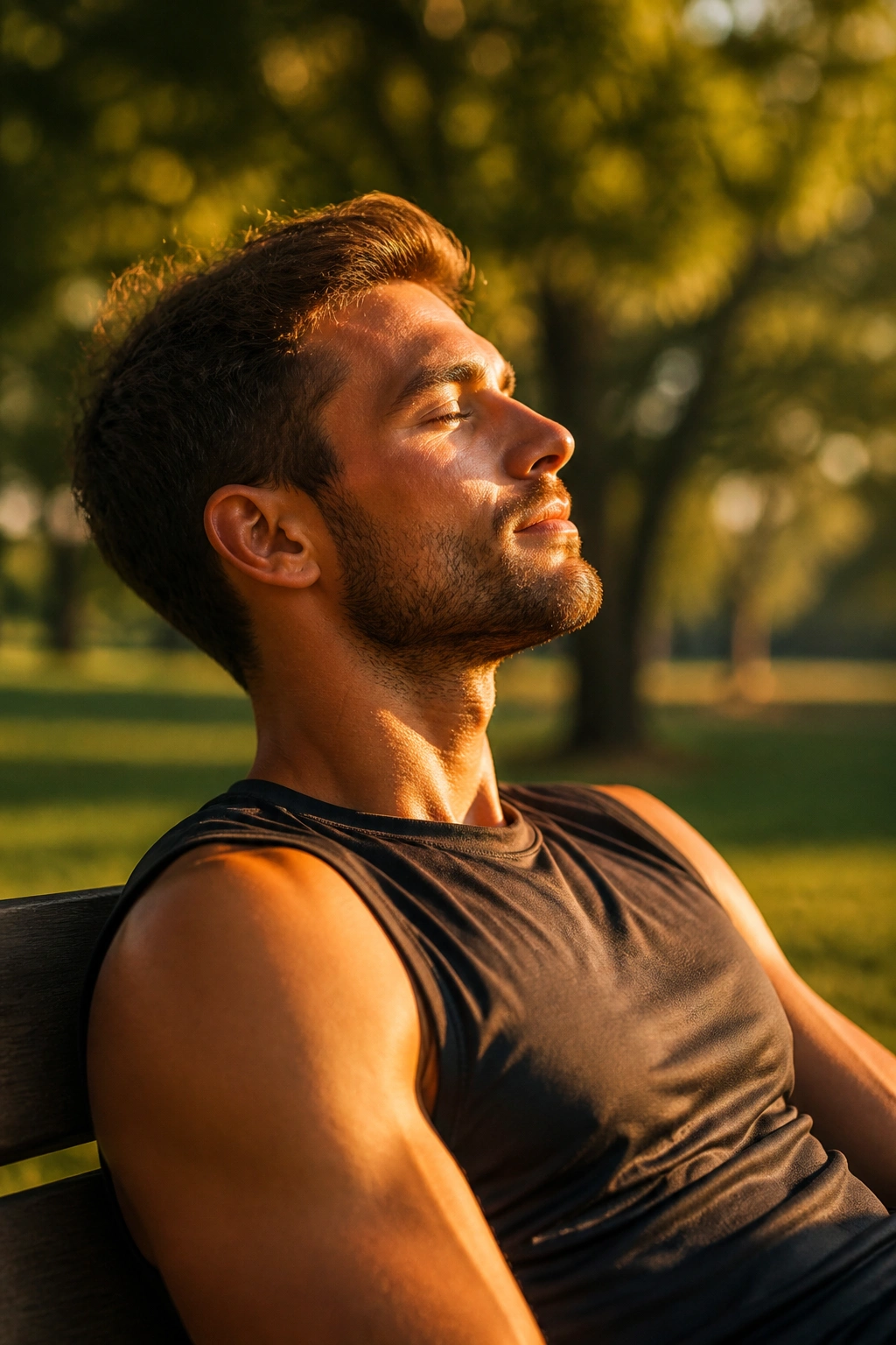 Close-up of an athlete resting outdoors in golden hour light