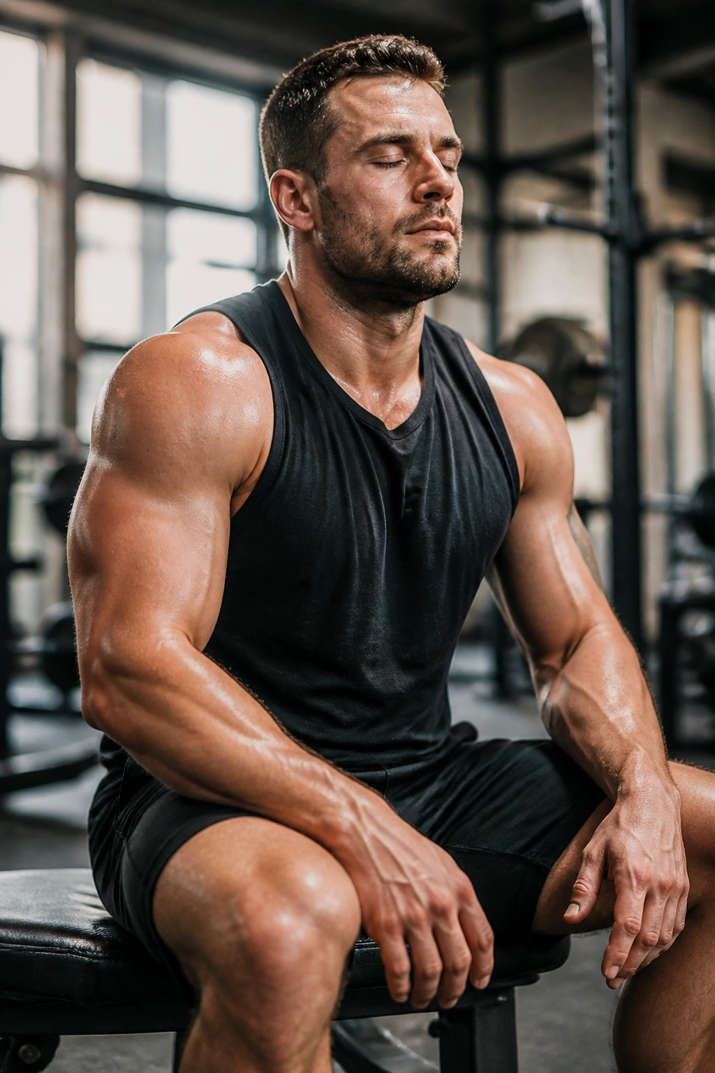 Lifter resting between sets on a bench in a gym