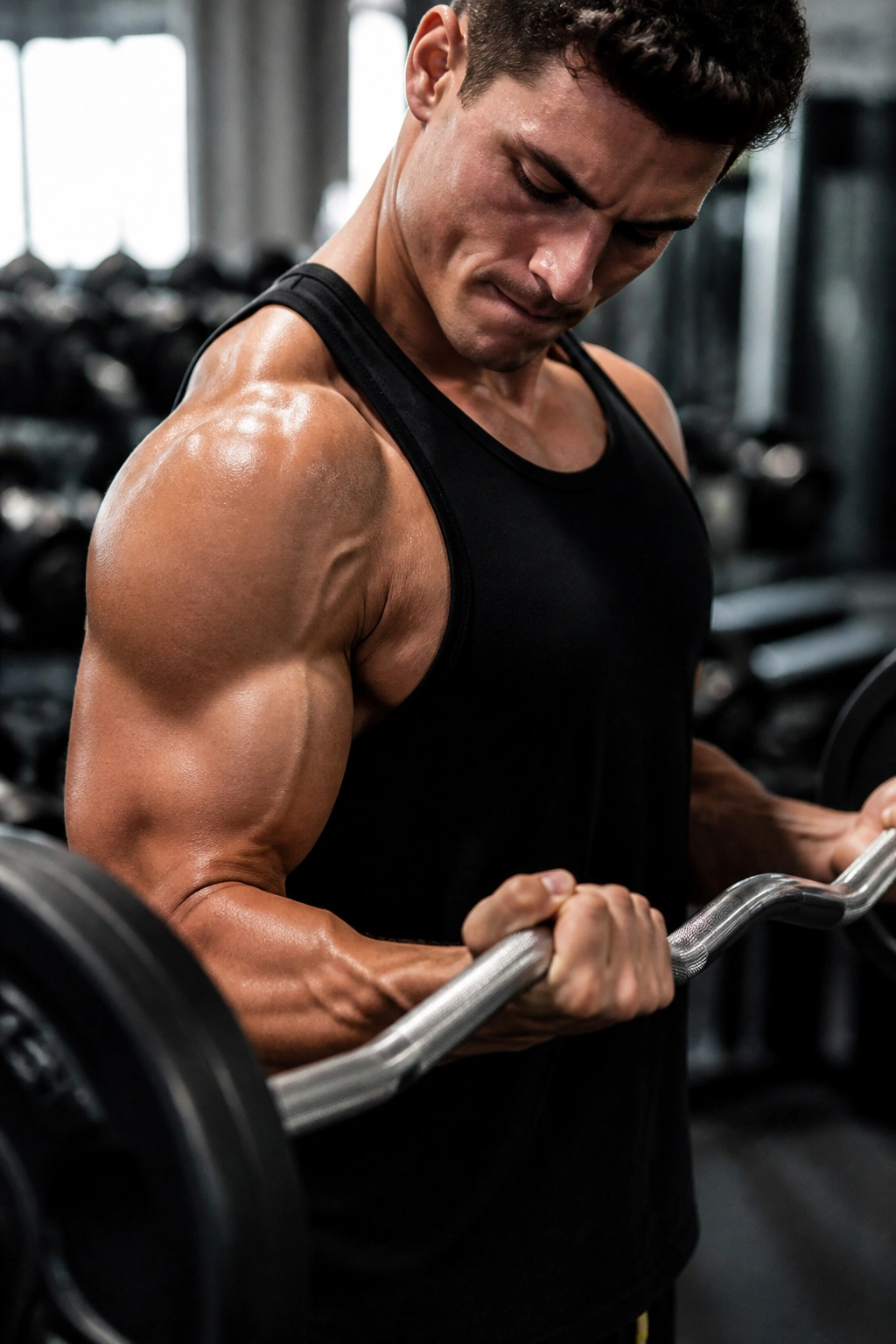 Close-up of a person performing an EZ-bar curl to emphasize rest-pause arm work
