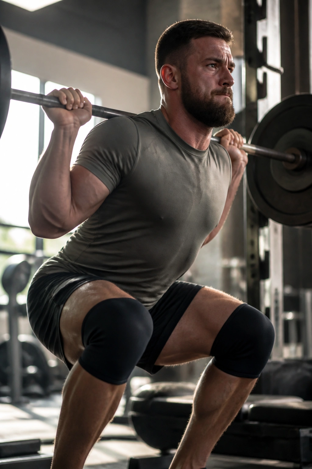 Lifter performing rest-pause squat with barbell in a gym