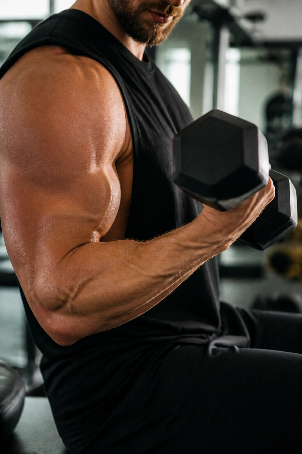 Close-up of pumped bicep during rest-pause curl at home gym