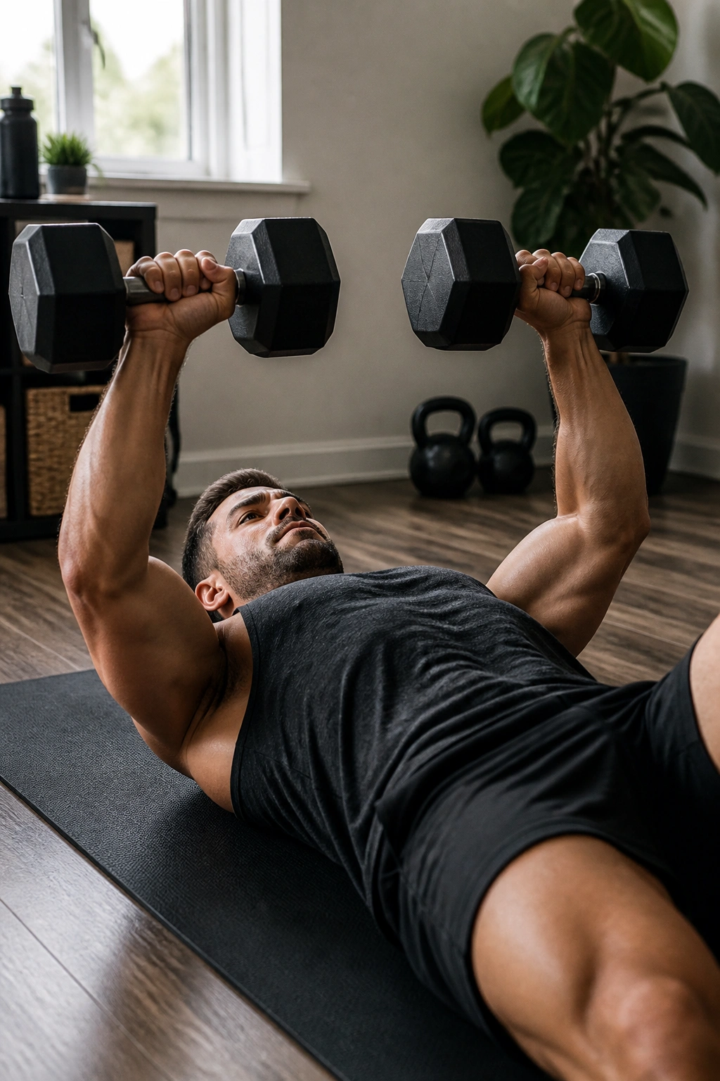 Medium close-up of a person performing floor press with dumbbells at home