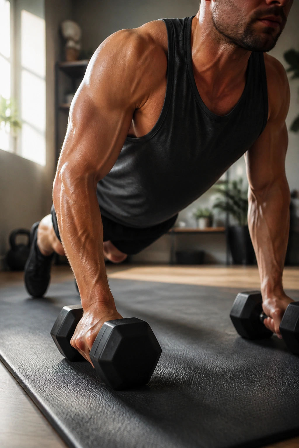 Close-up of a real person performing rest-pause push-ups in a home gym
