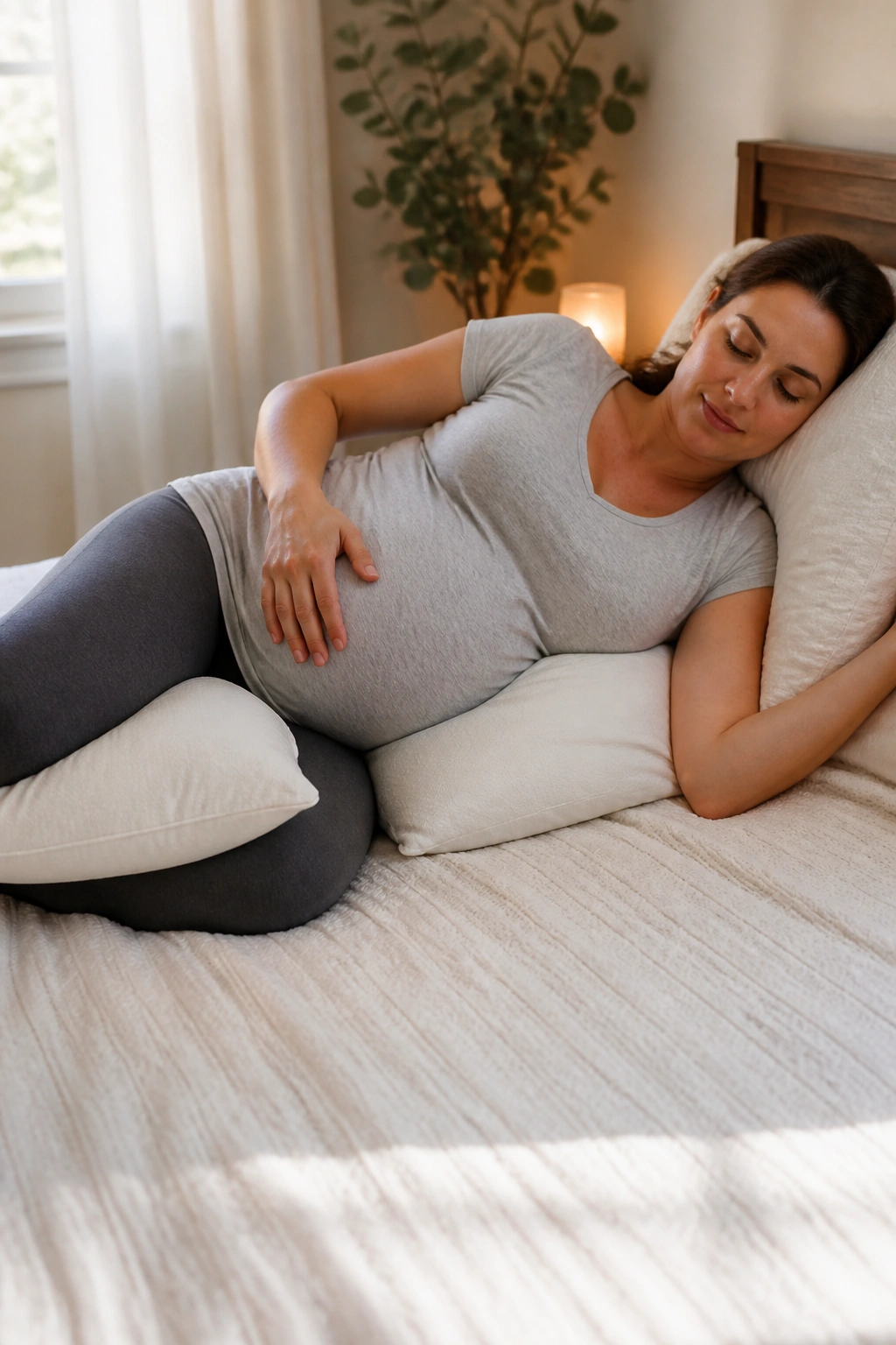 Pregnant woman performing a supported restorative stretch with pillows in bed