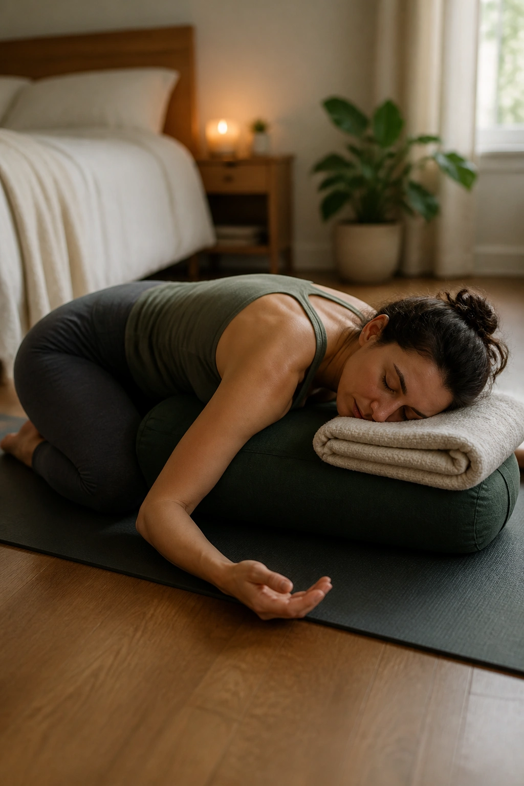 Person in supported child’s pose on a mat with bolster and blanket