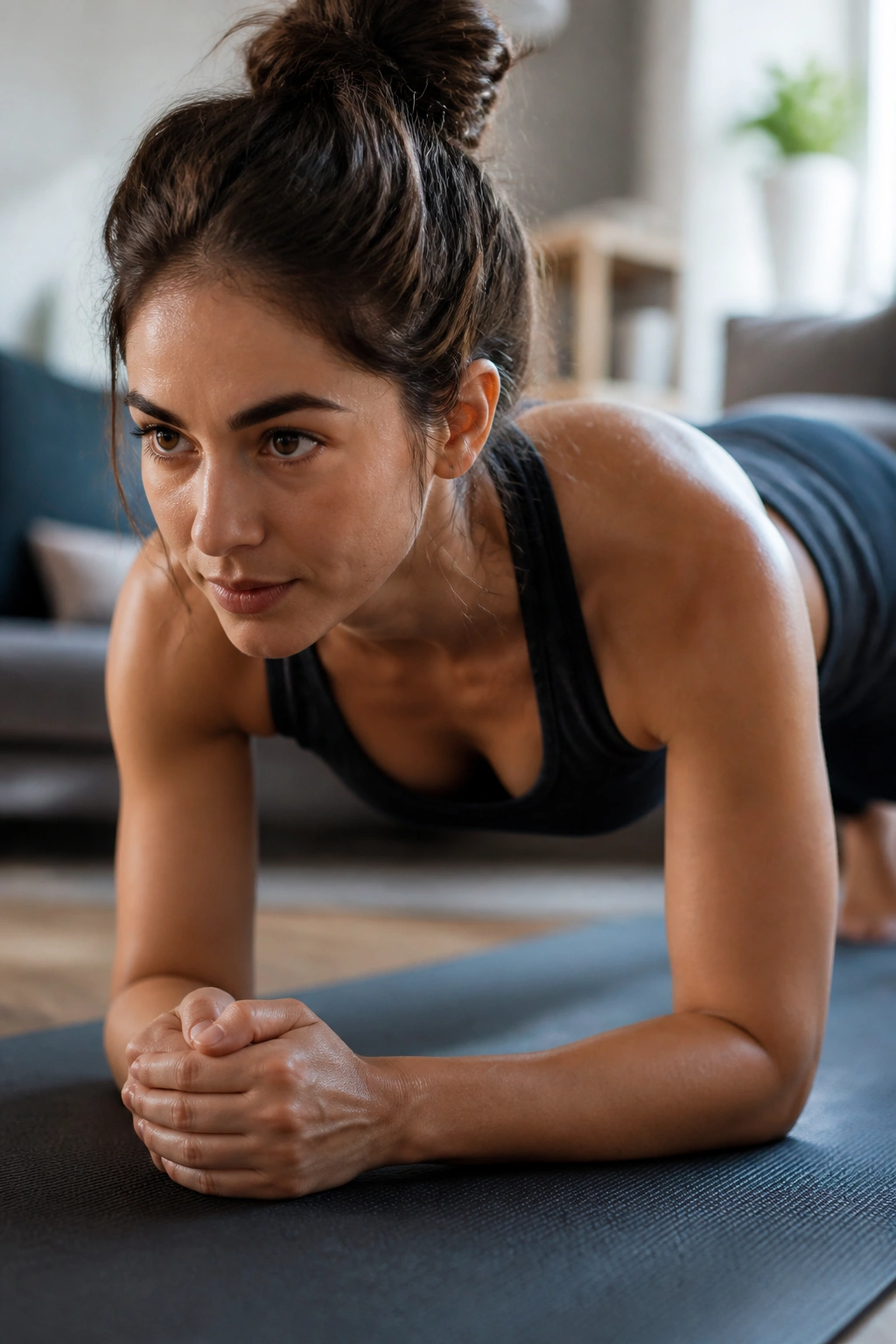 Close-up of a person performing a plank hold in a home setting to illustrate a re-test