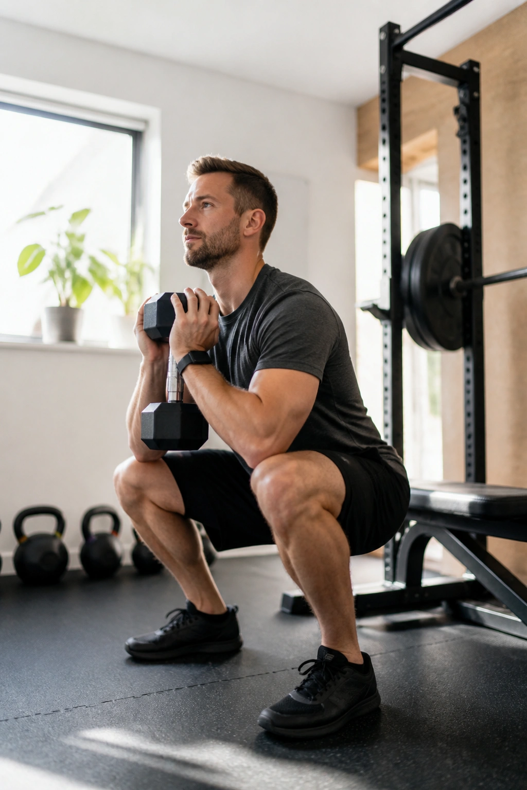 Person rebuilding training after break with light goblet squats