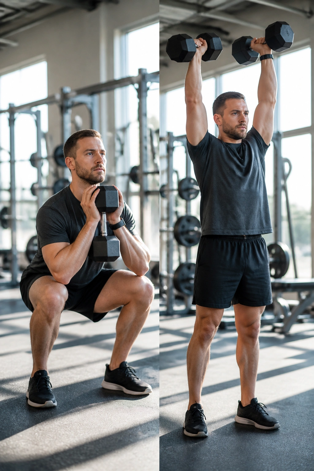 Person in a bright gym performing light goblet squats and dumbbell presses for a gentle comeback routine