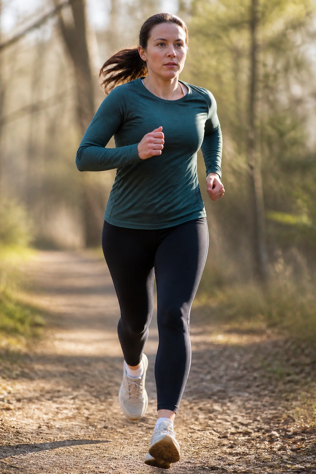 Real person running-walking interval on a trail with focused stride