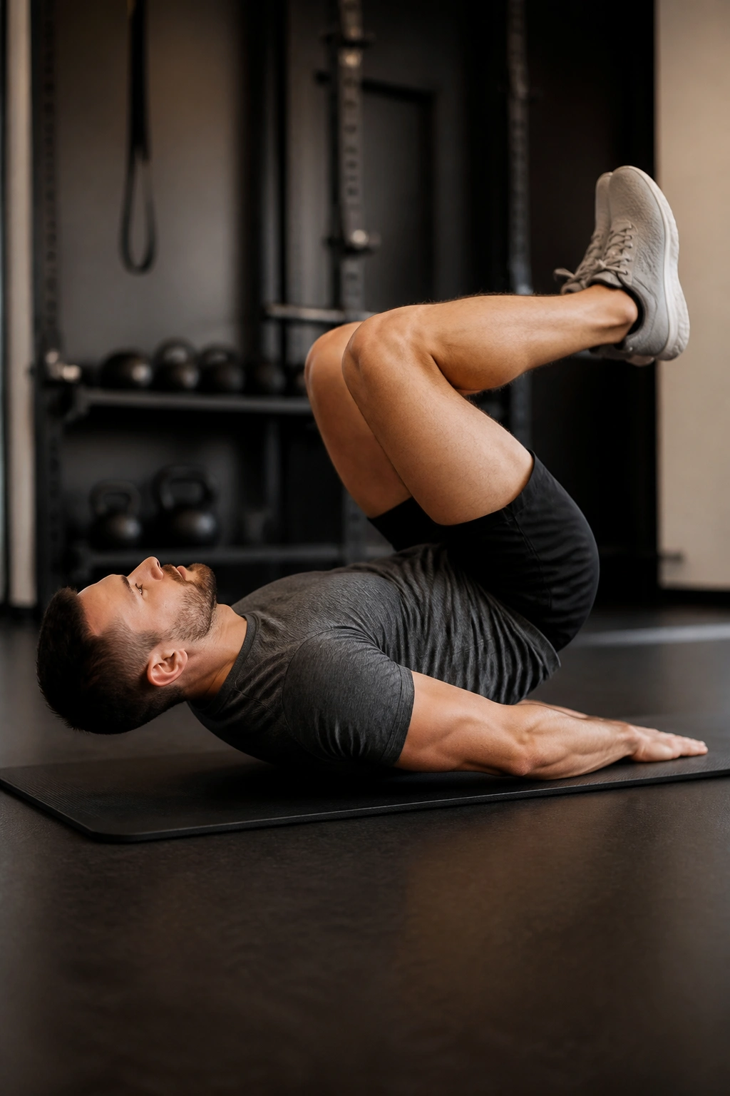 Close-up of person performing reverse crunch with pause on mat, knees bent and tailbone lifted.