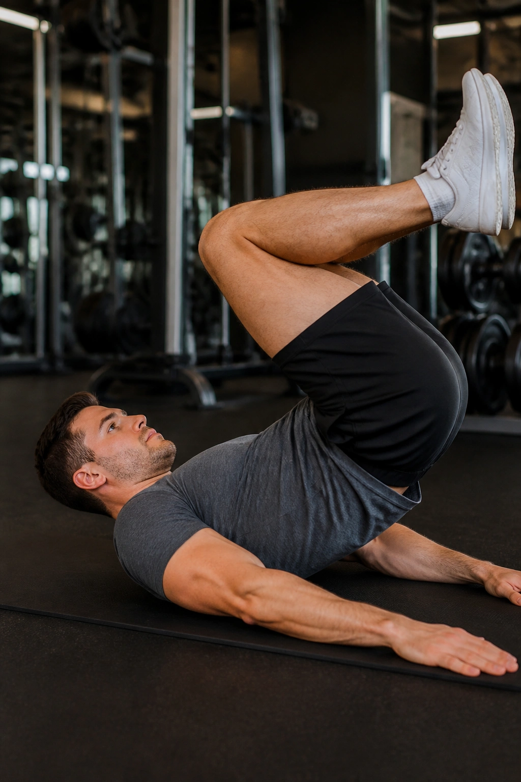 Close-up of a person performing a reverse crunch while curling the pelvis.
