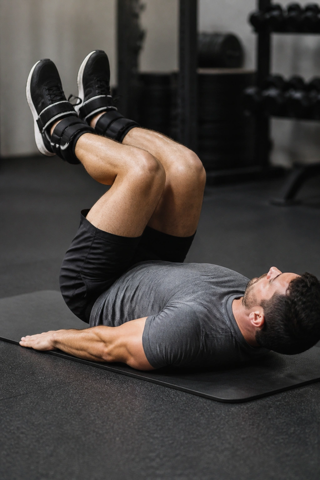 Person performing reverse crunch with ankle weights on a mat, pelvis lifting.