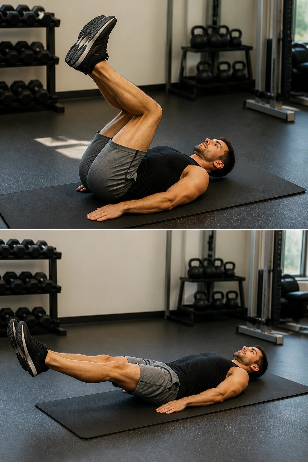 Person performing reverse crunch and leg lowers on a mat