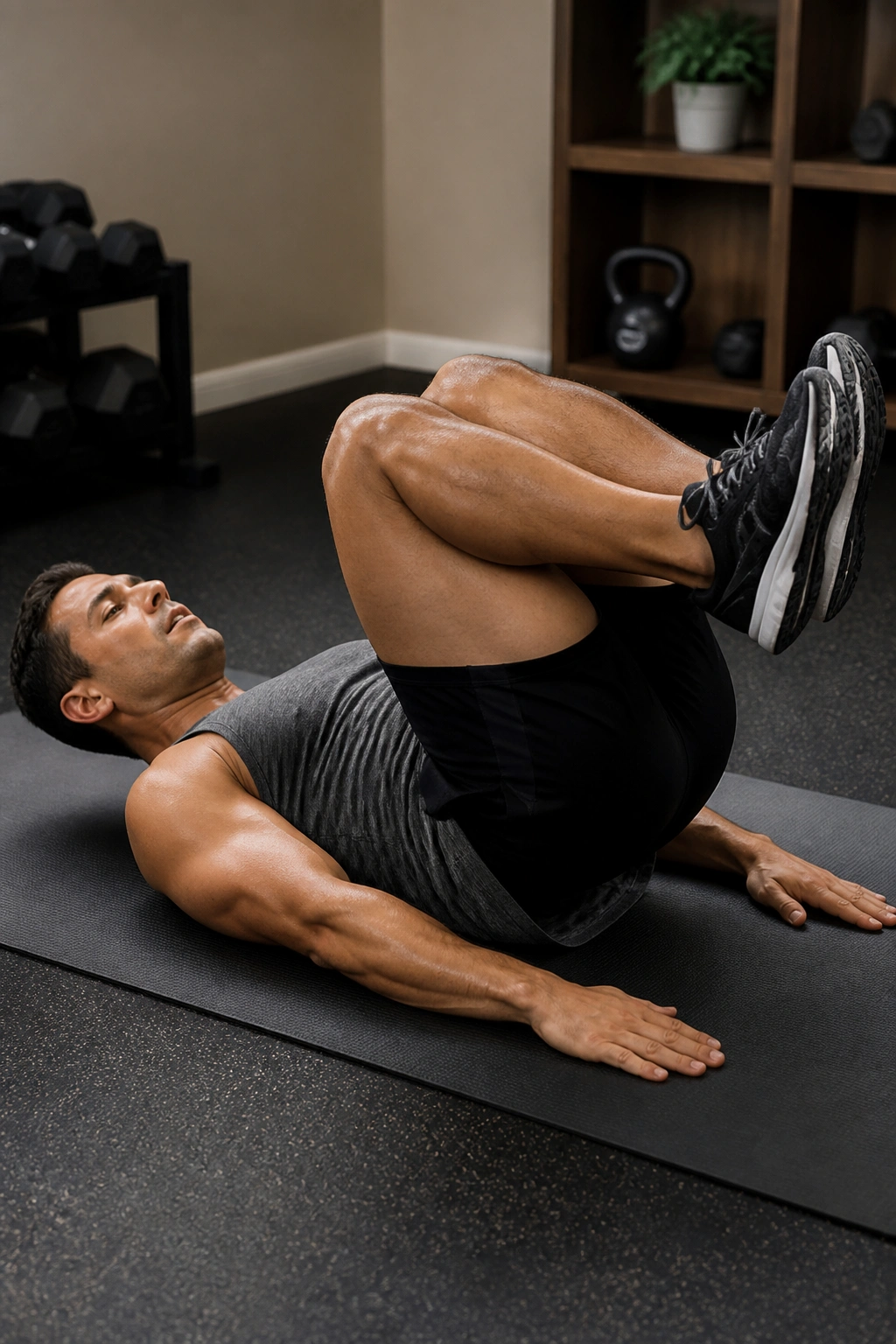 Person performing a reverse crunch with pelvis curling upward