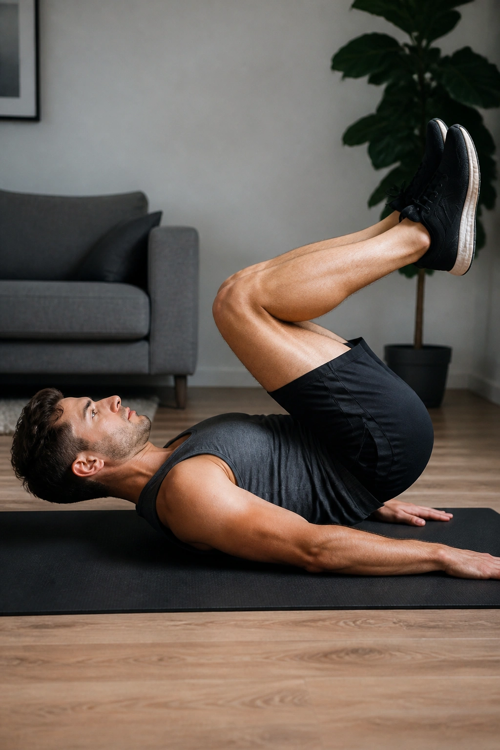 Person performing reverse crunches with hips curling toward the chest