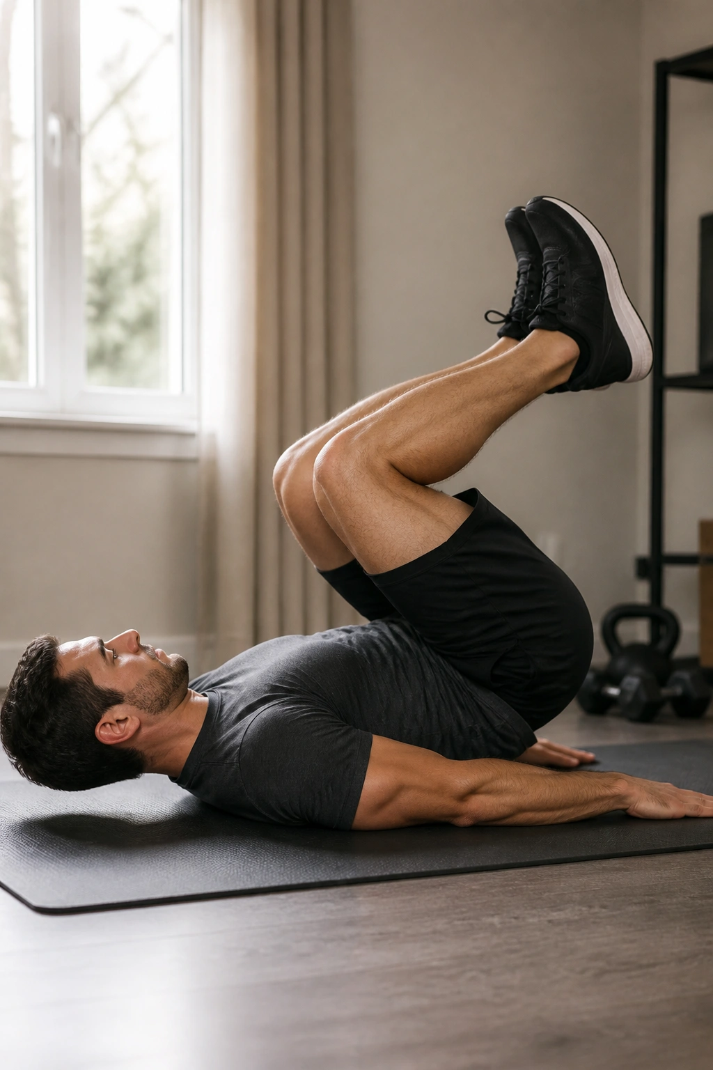 Reverse crunch on mat curling hips toward chest with controlled motion