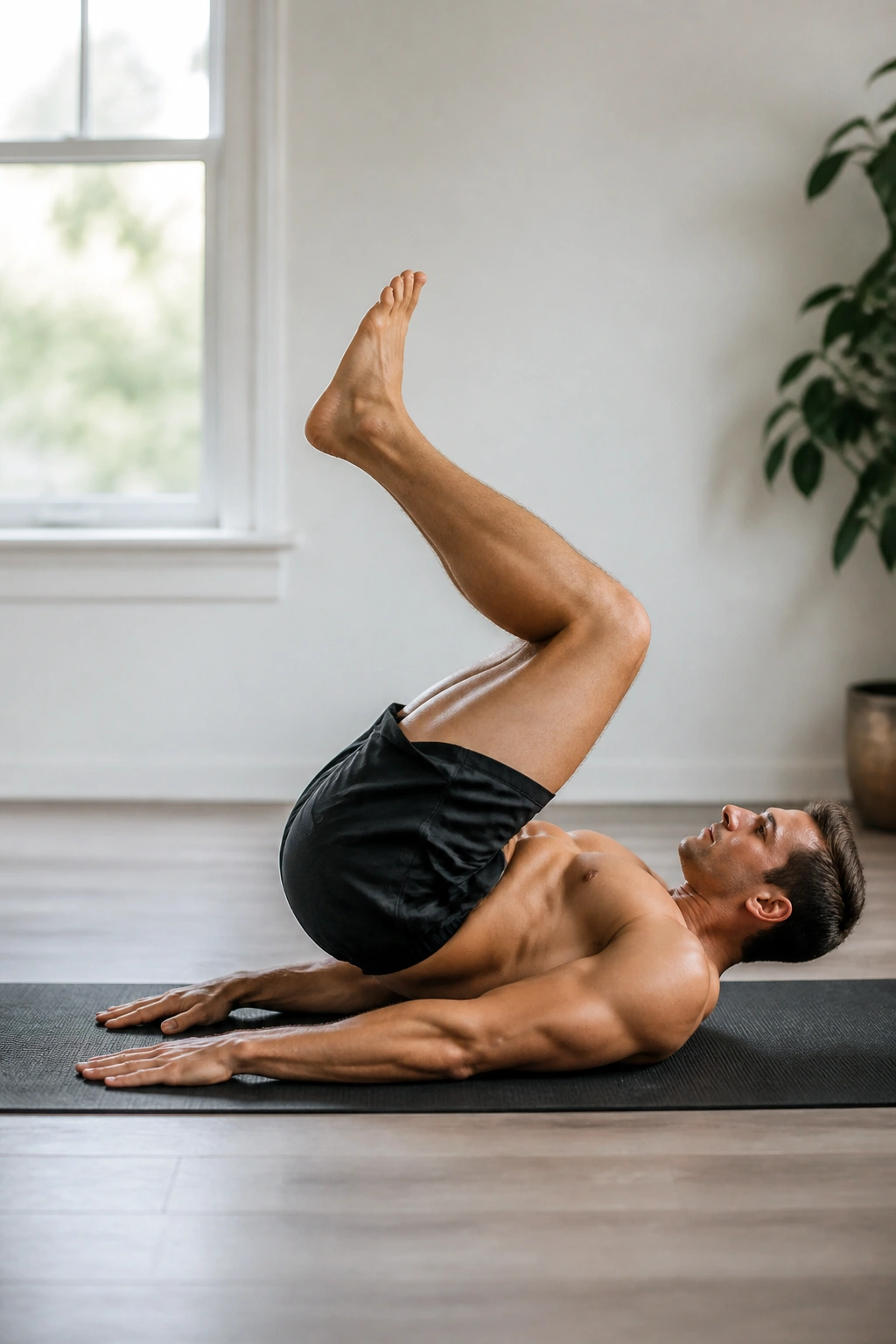Close-up of reverse crunches being performed on a mat at home