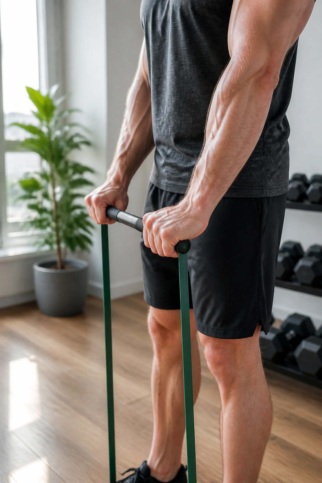 Close-up of reverse curl forearm thickness with palms down.