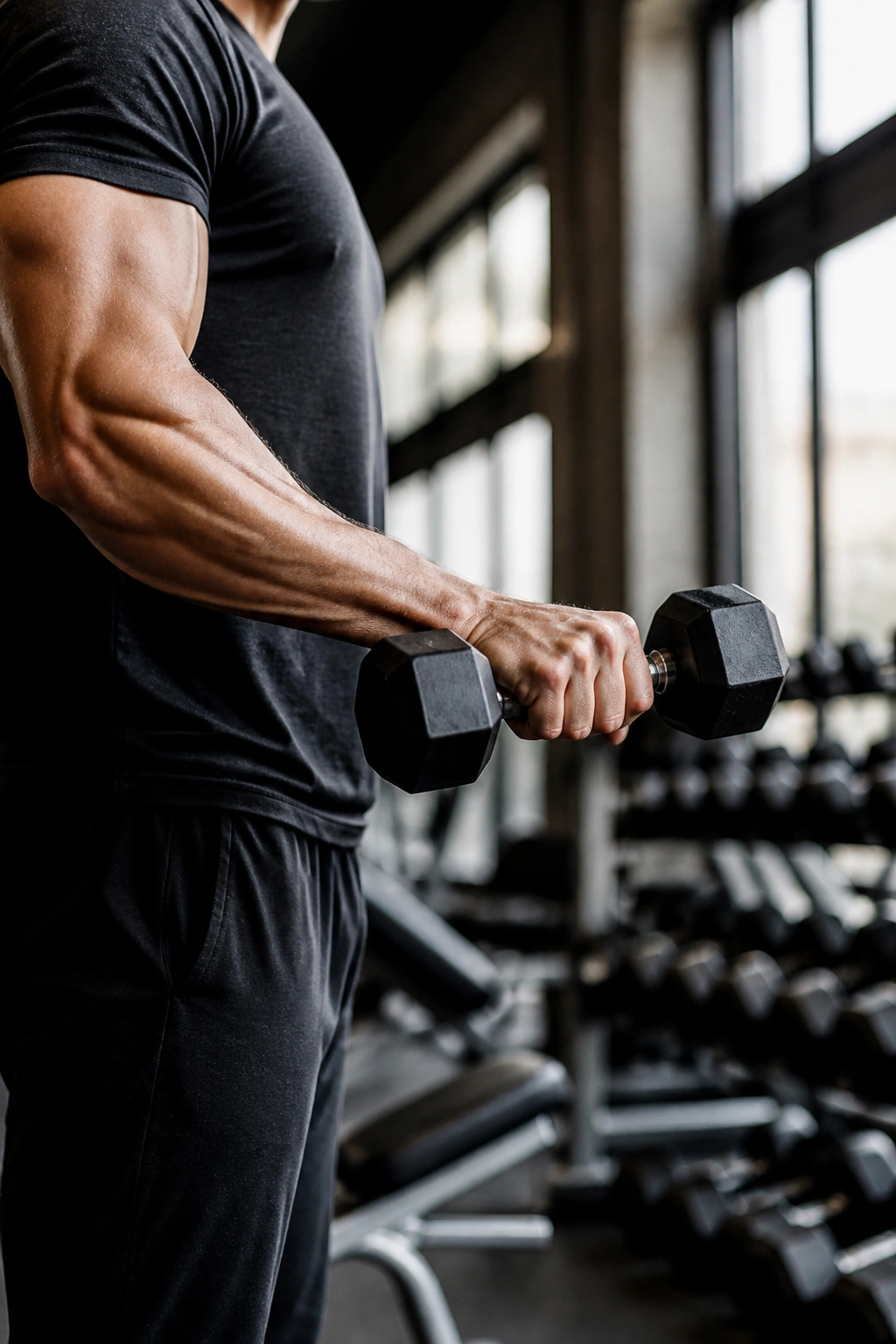Close-up of forearm and dumbbell performing a reverse curl in a gym setting