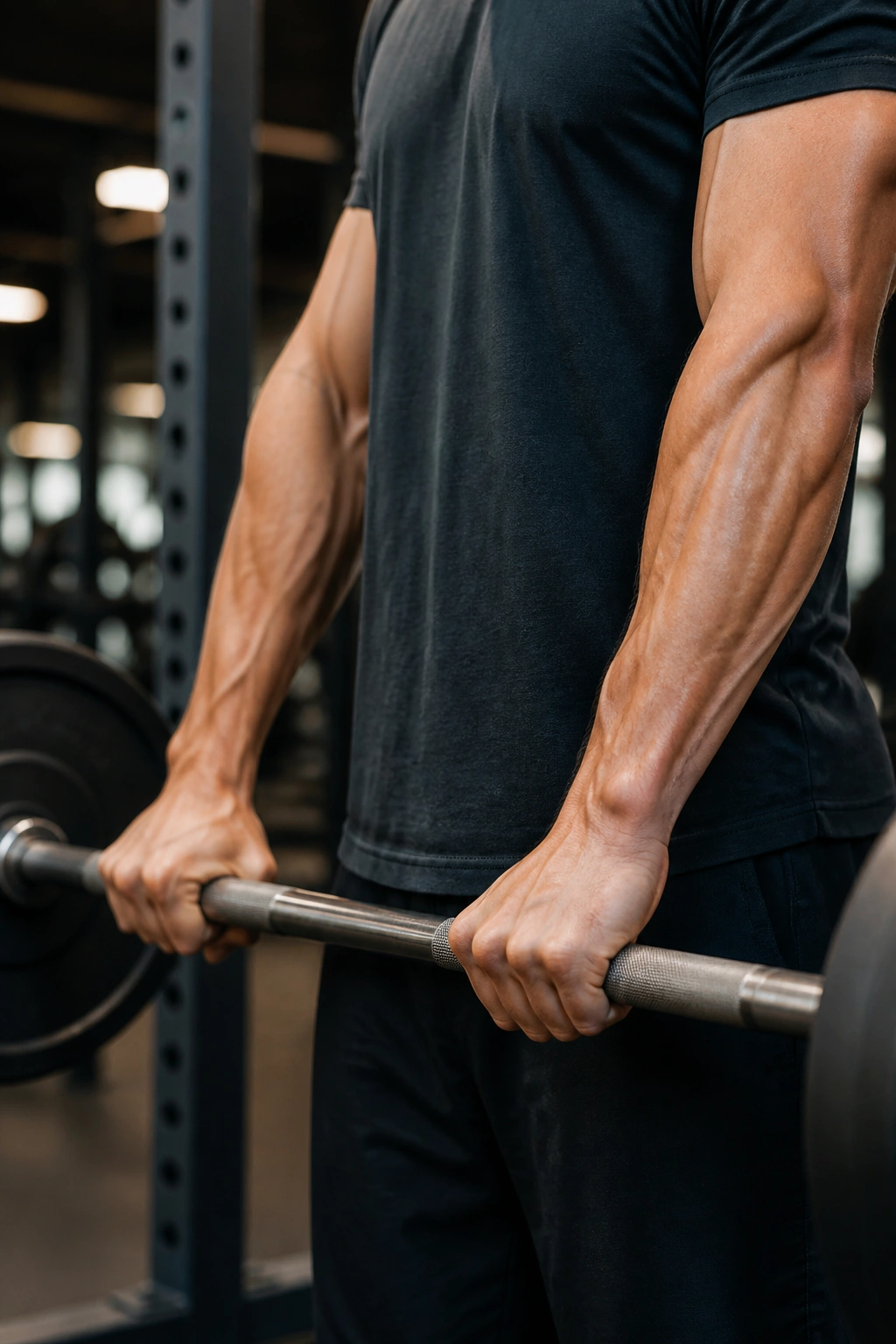 Close-up of forearms performing reverse curls with pronated grip