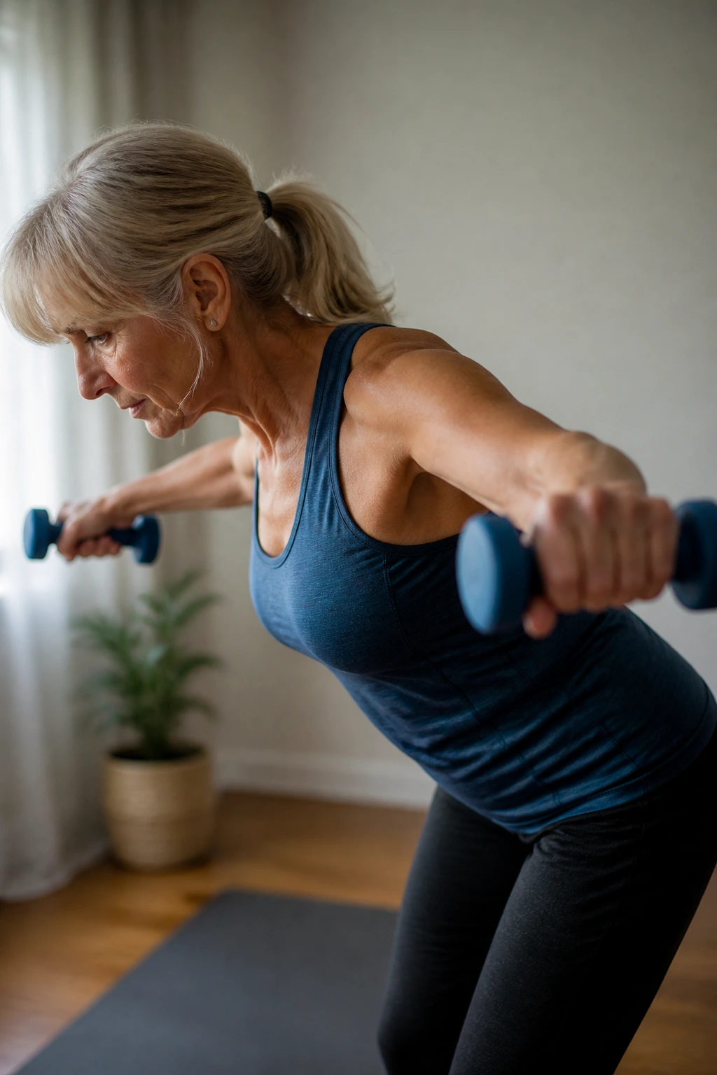 Person performing Reverse Flys With Light Weights to strengthen upper back at home.