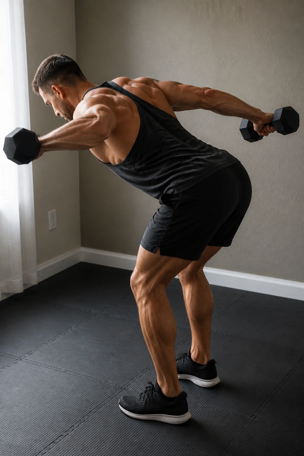 Bent-over reverse flys in tight space focusing on rear delts