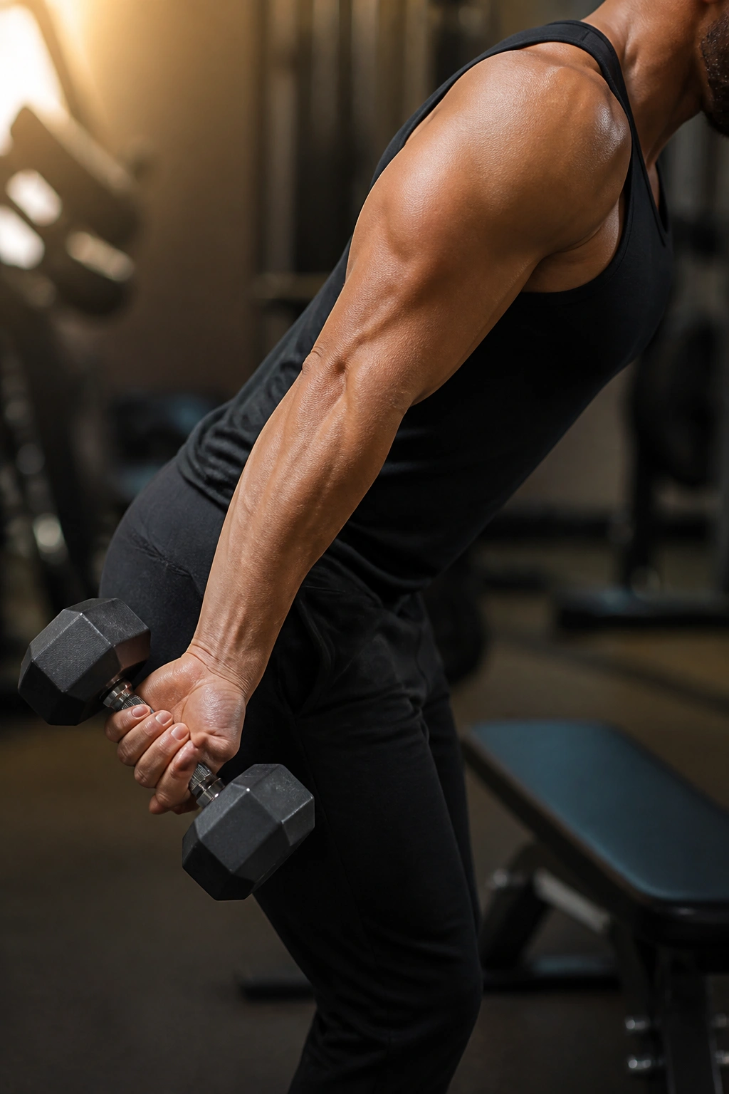Side view of palm-up reverse-grip kickback focusing on forearm and triceps