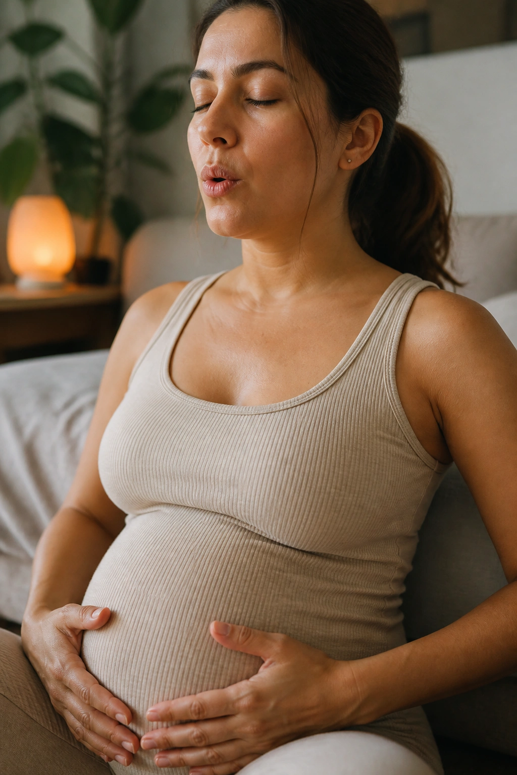 Pregnant woman exhaling slowly to soften pelvic floor