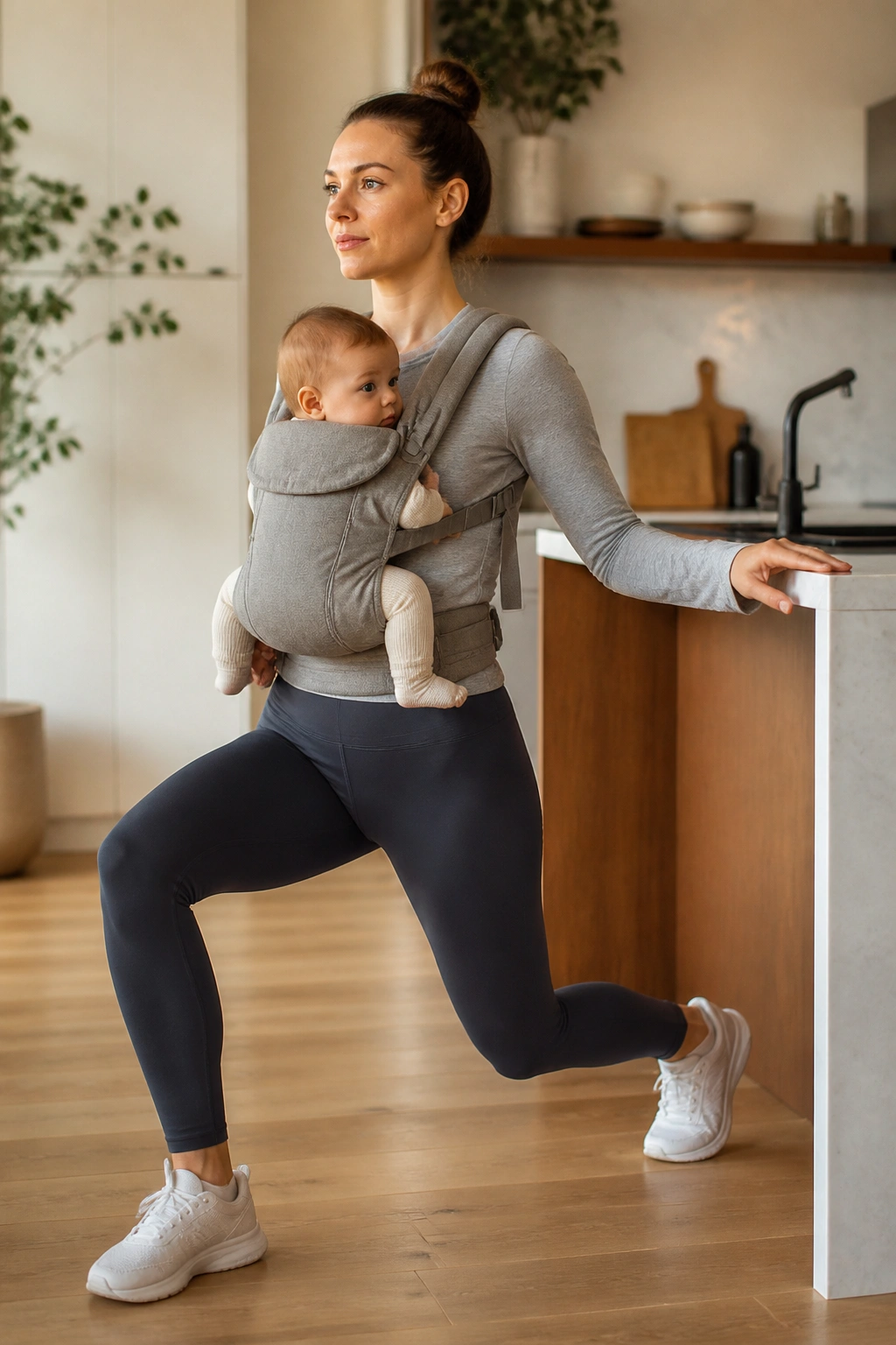Parent with baby carrier performing reverse lunge in home kitchen