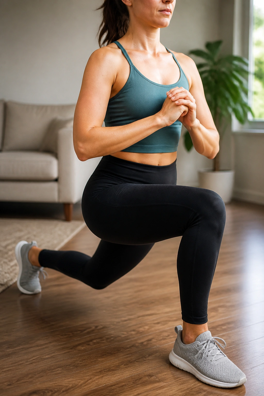 Close-up of a person performing a reverse lunge balance in a cozy home setting