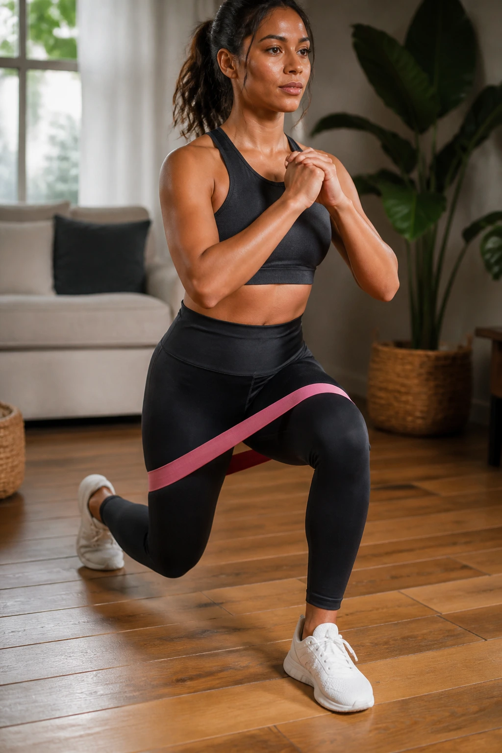 Medium close-up of reverse lunge with band above knees in home setting