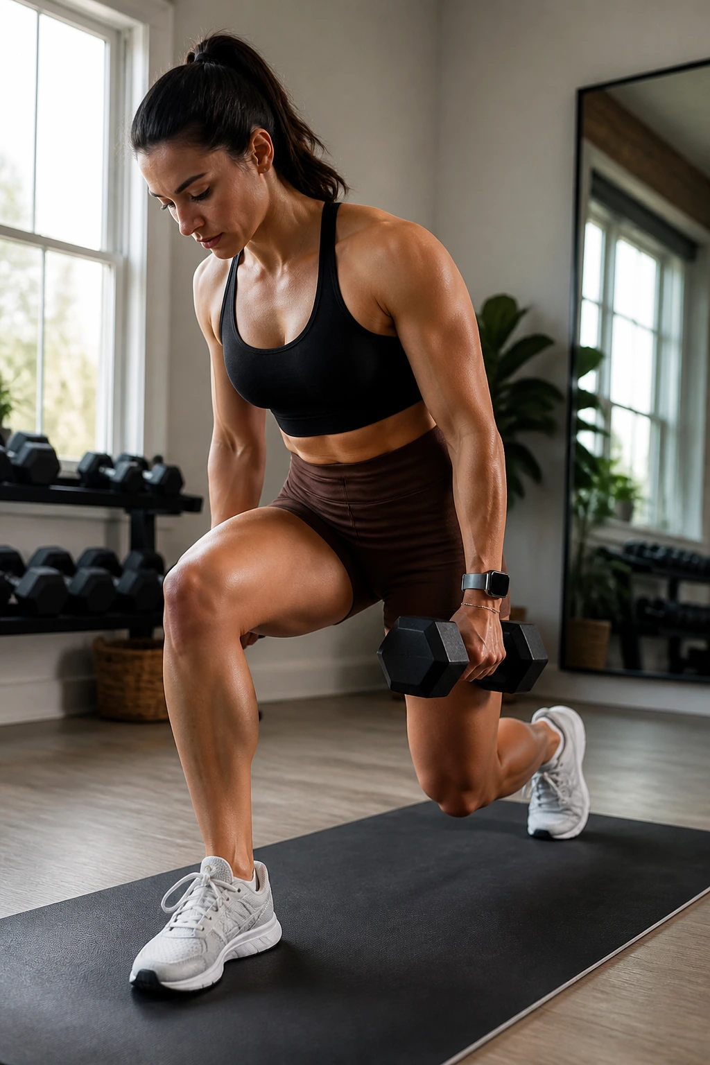 Medium close-up of person performing reverse lunge with dumbbell