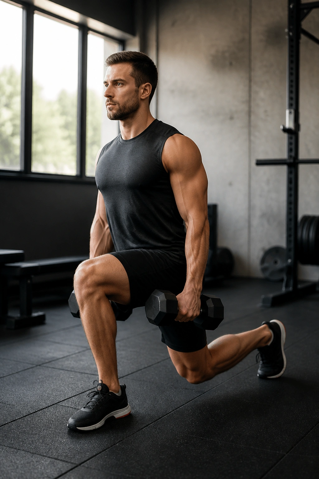 Person performing dumbbell reverse lunge in gym with dumbbells at sides