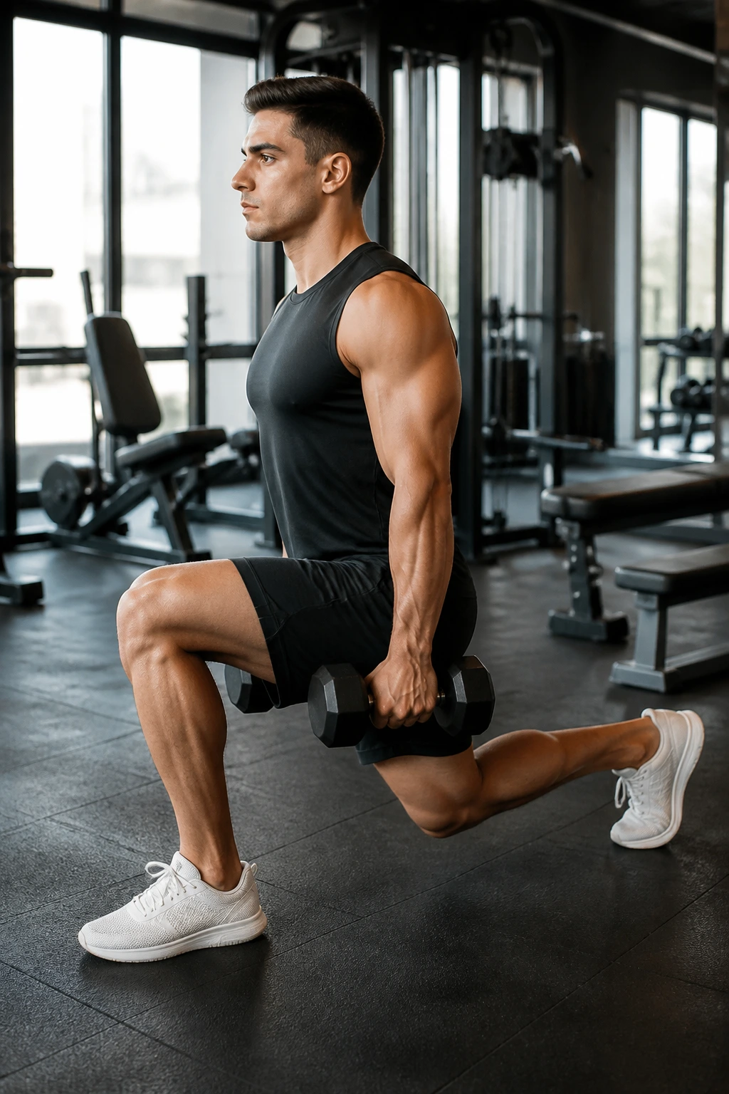 Side-profile of a person doing a reverse lunge with dumbbells in a gym setting