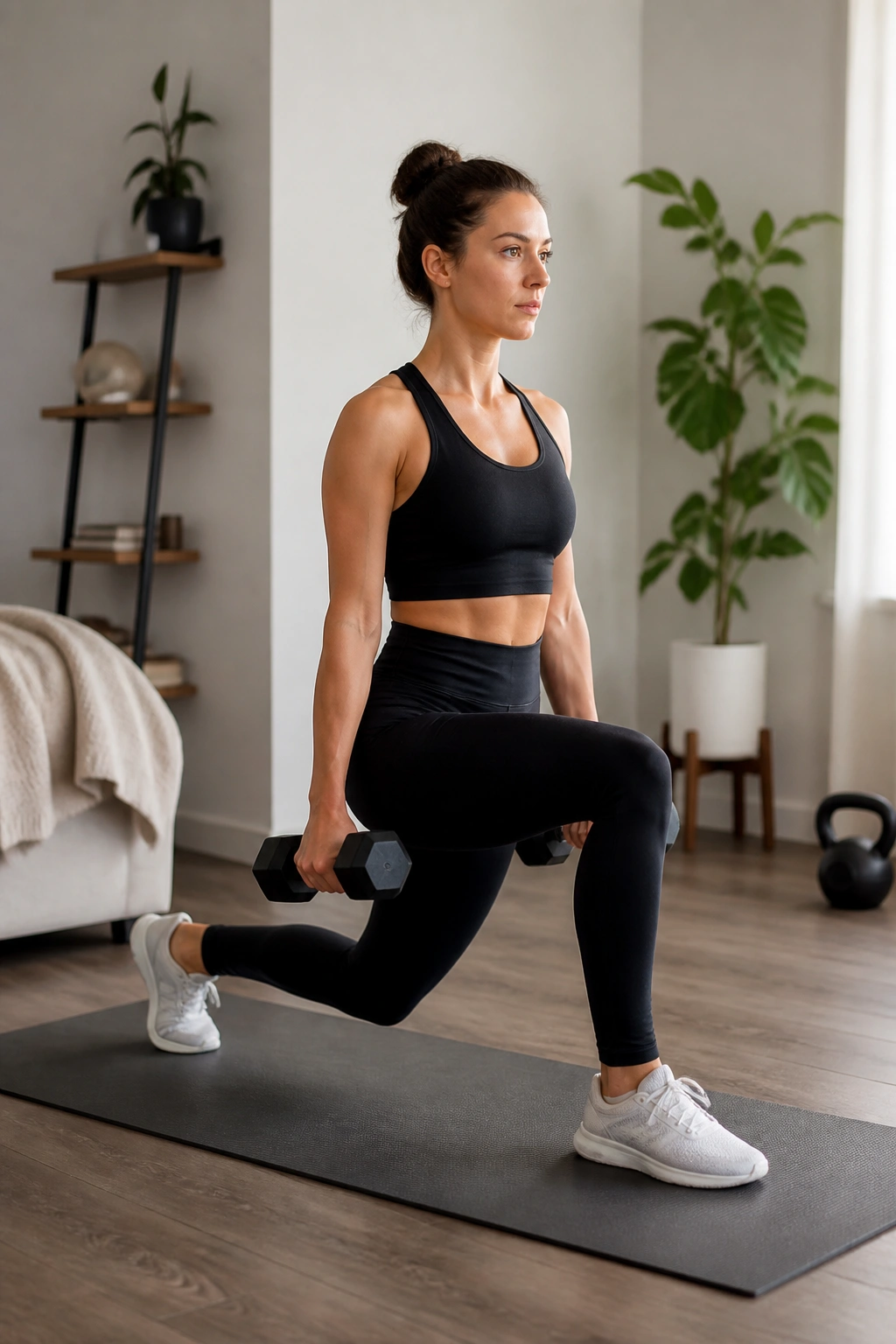Real person performing reverse lunge in a home space with dumbbells