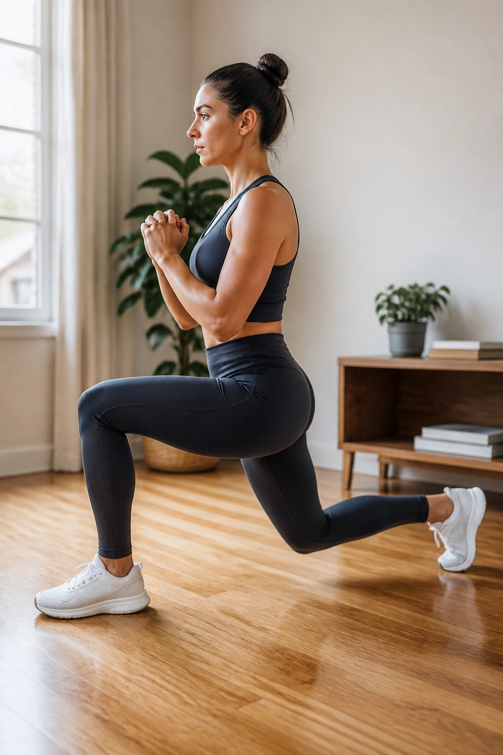 Portrait of a person performing a reverse lunge in a home setting