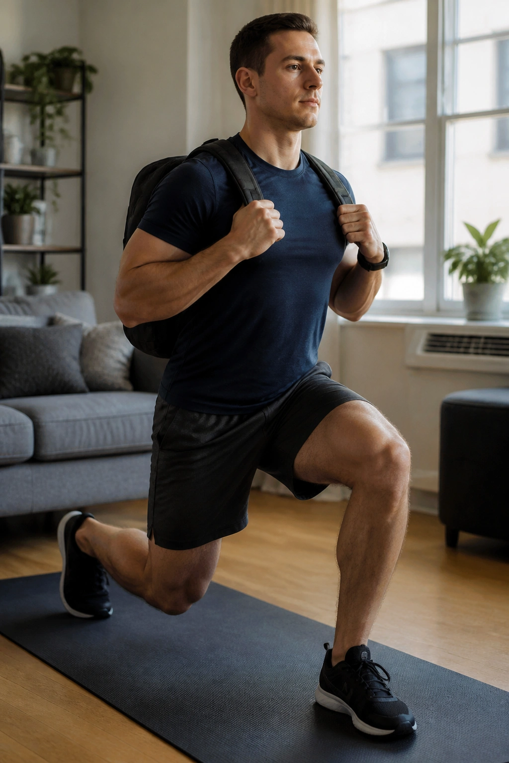 Person performing a reverse lunge at home with front knee aligned over the toe