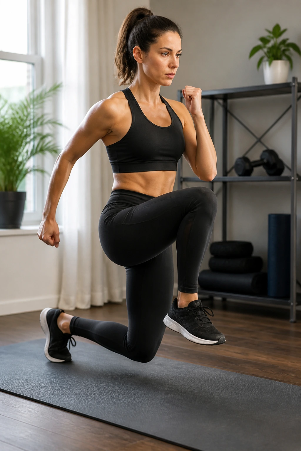 Medium close-up of reverse lunge knee-drive in home workout space