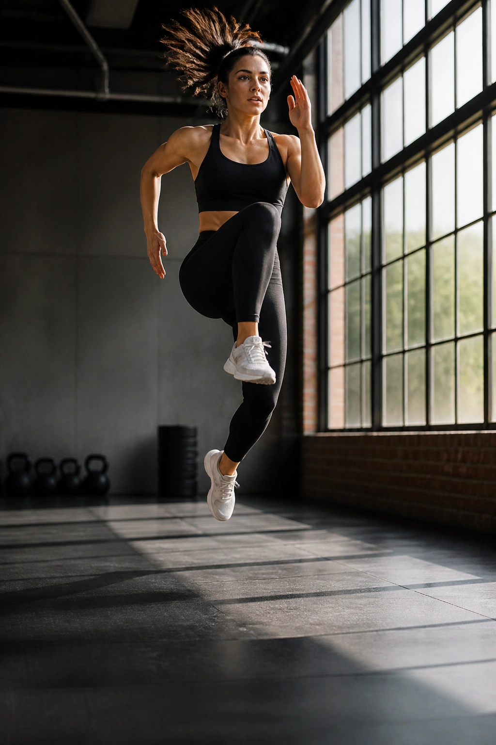 Athlete performing reverse lunge knee-drive jump with explosive knee drive.