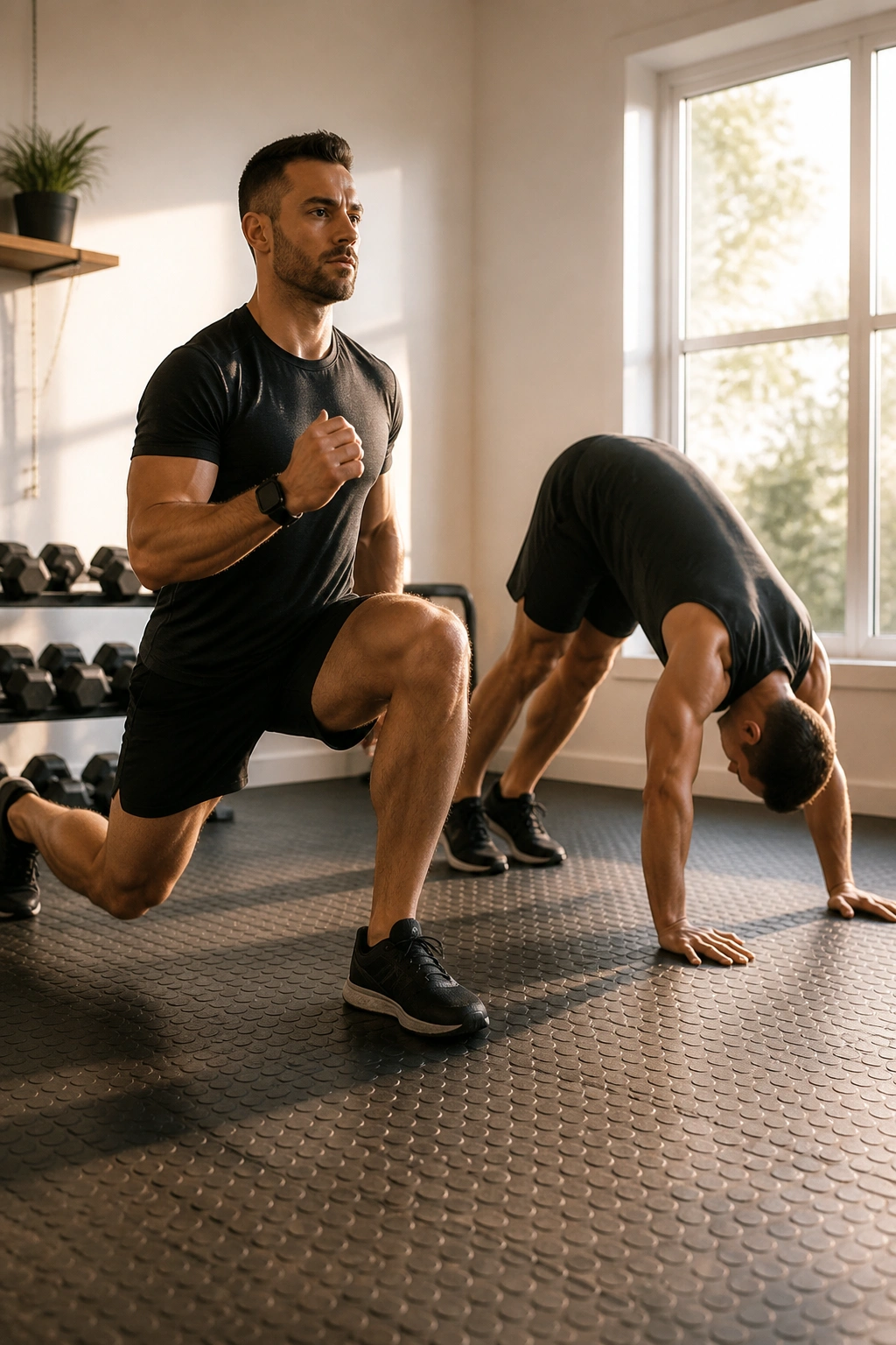 Person performing reverse lunge and pike pushup in a home gym